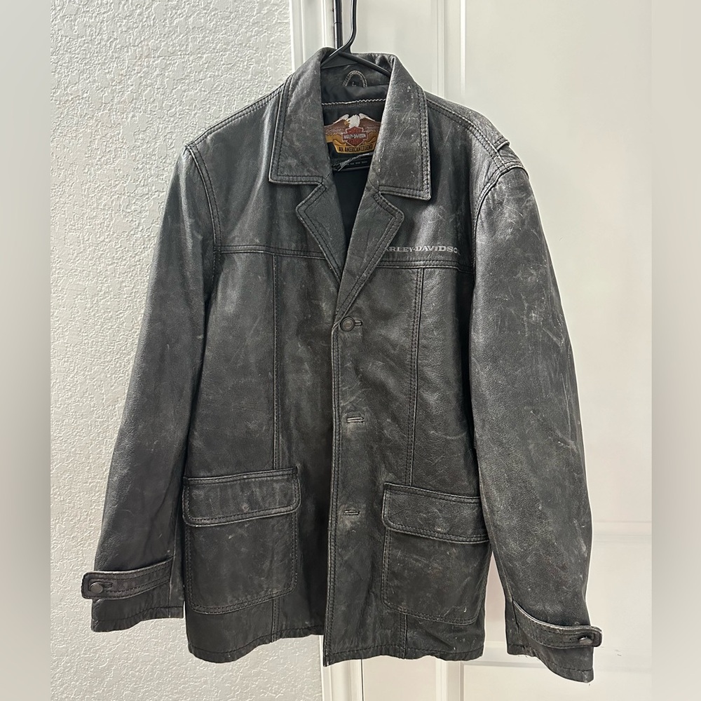 Vintage Harley Davidson distressed black leather jacket, L excellent condition